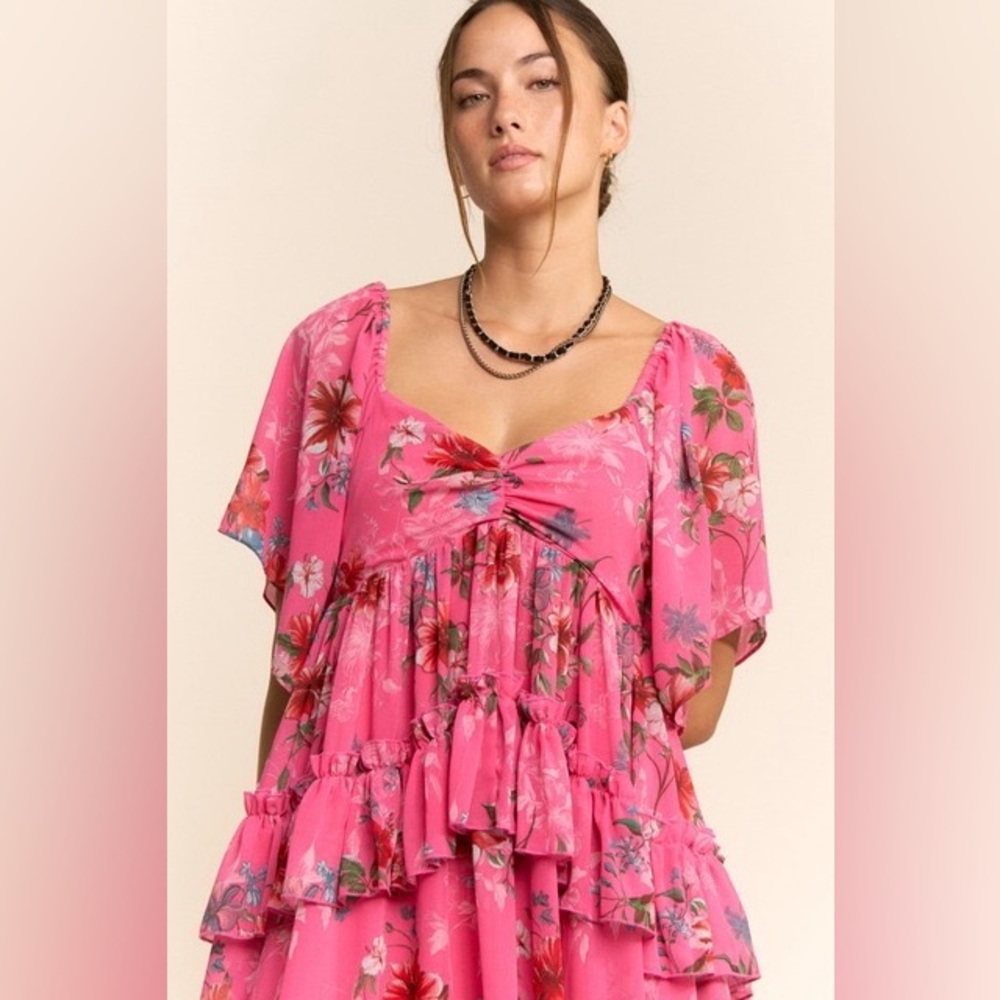 Floral Tiered Ruffle Maxi Dress with Flutter Sleeves - Davi & Dani - Picture 2 of 7